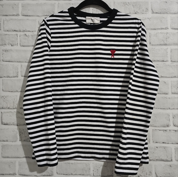 AMI Paris De Coeur Mariniere Long Sleeve Shirt Black/White Stripe size S - Picture 2 of 11
